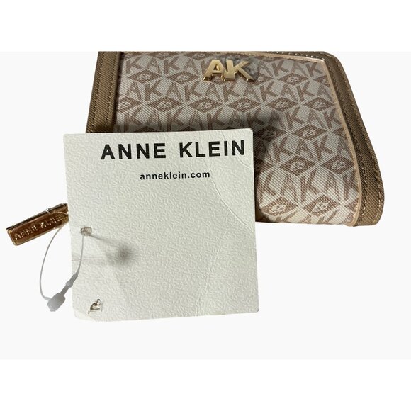 Anne Klein Small Zip Wallet Beige &‎ Gold Monogram Faux Leather Compact Design - Picture 11 of 13